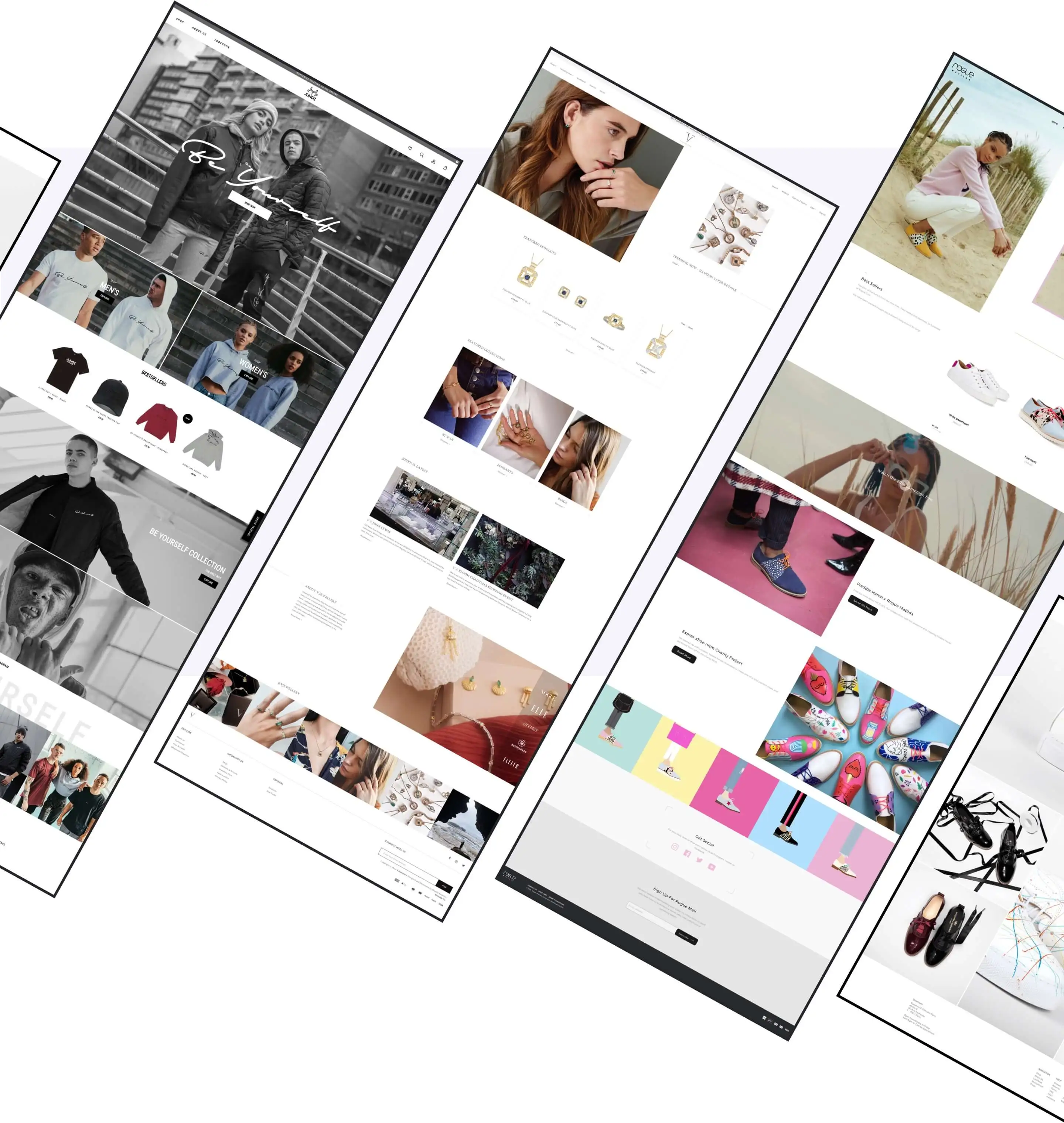 High-end fashion and jewelry store layouts created through shopify custom theme development by Qonkar Technologies.