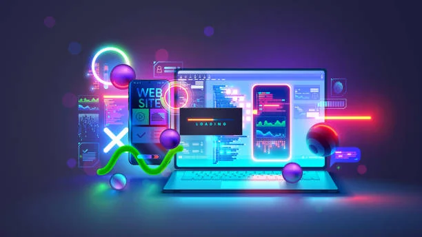 A futuristic neon-style graphic representing website loading, coding, and mobile-responsive Shopify development.