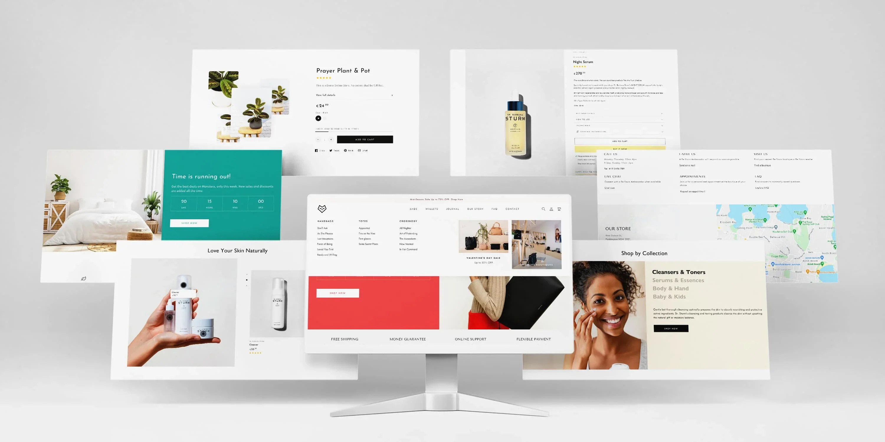 Clean and modern skin care store layouts showcasing premium shopify theme design