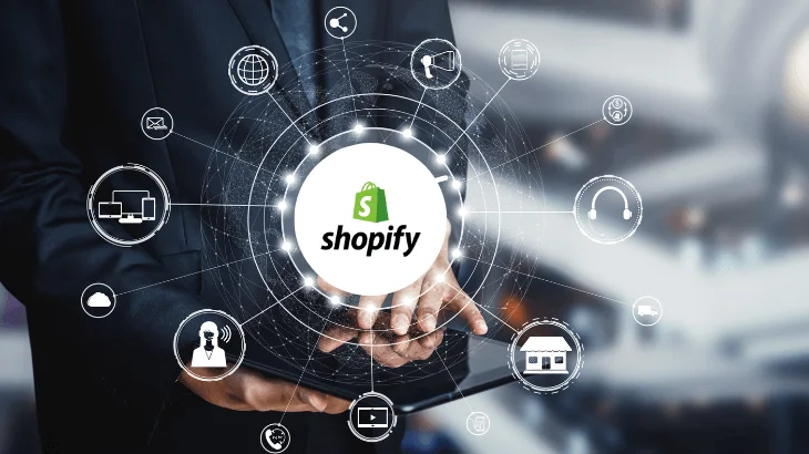 A digital illustration of the Shopify ecosystem showing various integrated services like marketing, support, and global sales channels.